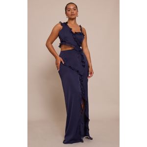 Femme Shape Robe longue en mousseline de soie bleu marine à volants et découpe | Taille 44 - Taille 44