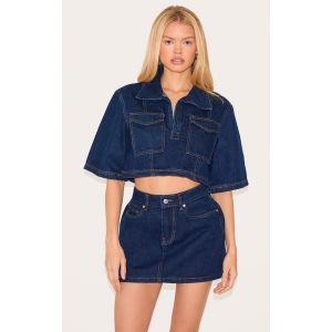Chemise courte en jean indigo à coutures contrastées, Indigo - Taille 32