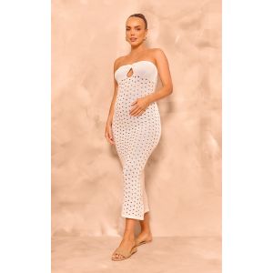 Maternité Robe de grossesse bustier mi-longue blanche en maille ajourée, Blanc - Taille 36