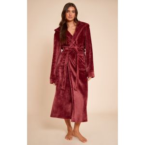 Femme Peignoir long en polaire bordeaux à capuche | Taille XS - Taille XS