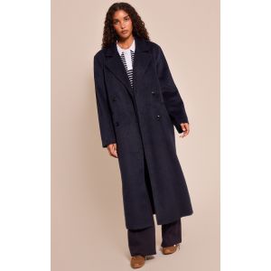 Femme Manteau long structur&eacute; en effet laine bleu marine &agrave; double boutonni&egrave;re | Taille Large - Taille L