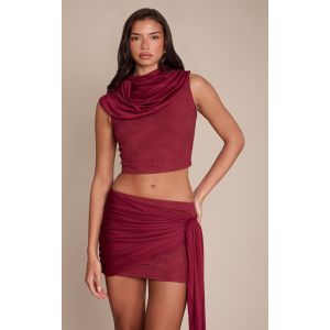 Femme Crop top moulant en dentelle rouge vin fronc&eacute; &agrave; d&eacute;tail cape Rouge vin fonc&eacute; | Taille 38 - Taille 38