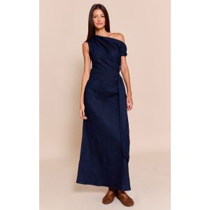 Robe mi-longue en jean chambray bleu indigo froncée à ceinture, Indigo foncé - Taille 34
