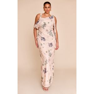 Plus Robe longue en mousseline de soie sable imprimé abstrait à détail drapé, Sable - Taille 54