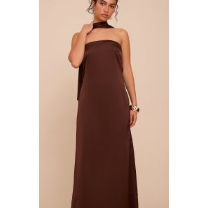 Robe bustier longue satinée chocolat à foulard, Chocolat - Taille 34