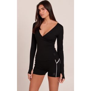 Femme Top de sport cache-coeur long en Sculpt noir &agrave; &eacute;tiquette PLT | Taille Large - Taille L