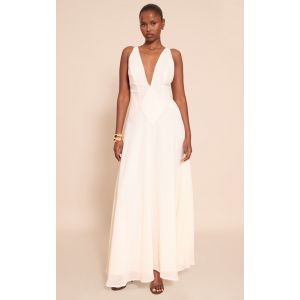 Robe longue blanche à décolleté et parties texturées, Blanc - Taille 44
