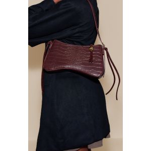 Femme Sac &agrave; main incurv&eacute; chocolat effet croco &agrave; perle - Taille One Size