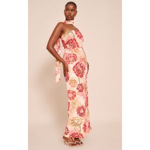 Robe bustier longue en mousseline de soie multicolore fleurie à foulard, Multicolore - Taille 44