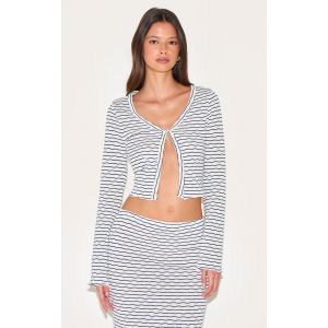 Cardigan texturé bleu marine à rayures et bouton, Bleu Marine - Taille 44