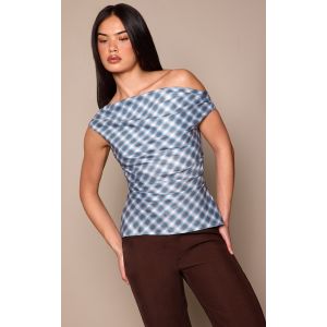 Femme Top drap&eacute; bleu &agrave; carreaux et col asym&eacute;trique | Taille 42 - Taille 42