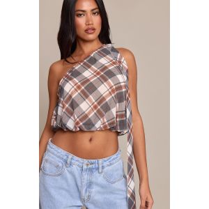 Femme Top bouffant en mousseline de soie marron &agrave; carreaux et d&eacute;tail foulard | Taille 32 - Taille 32