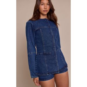 Femme Chemise en jean bleu moyen &agrave; col rond Bleu moyen d&eacute;lav&eacute; | Taille 40 - Taille 40
