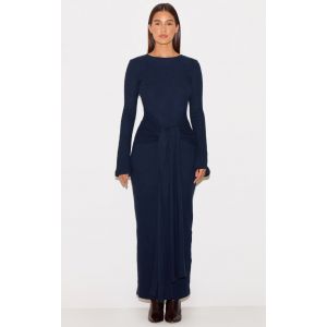 Femme Robe longue côtelée brossée bleu marine à détail noué | Taille 40 - Taille 40