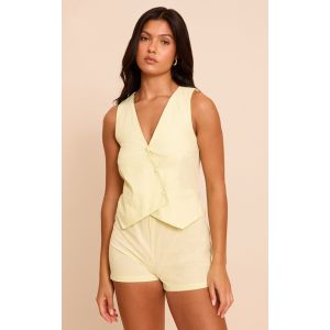 Combishort de tailleur asymétrique en effet lin citron vert pâle à détail gilet, Citron Vert Pâle - Taille 36
