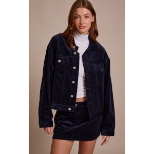 Femme Veste classique en jean c&ocirc;tel&eacute; bleu marine &agrave; &eacute;paules carr&eacute;es | Taille 32 - Taille 32