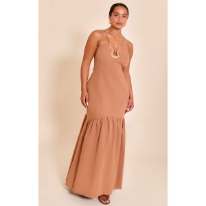Shape Robe longue en effet lin café au lait à empiècement doré en vagues et taille tombante, Café au Lait - Taille 38