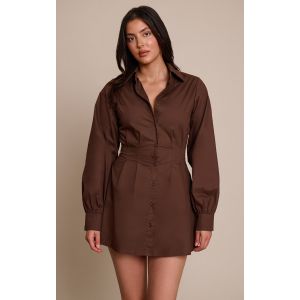 Femme Robe chemise en popeline de coton chocolat à taille cintrée | Taille 44 - Taille 44
