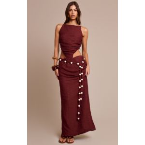 Femme Robe longue texturée crêpée bordeaux à perles | Taille 36 - Taille 36