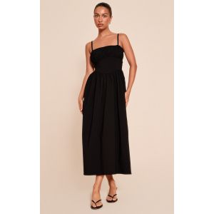 Robe longue tissée stretch noire à bretelles fines et buste froncé, Noir - Taille 36