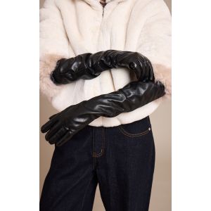 Femme Gants très longs noirs à bordures en fausse fourrure contrastante | Taille Small/Medium - Taille S/M
