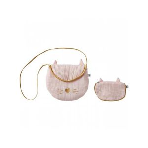 Sac bandouli&egrave;re + porte-monnaie chat - gaze de coton blush / or