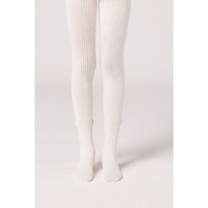 Calzedonia Collant en coton côtelé avec nœud pour fille Fille Blanc Taille 10-13 A