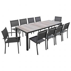 Table de jardin 230 x 95 cm en céramique effet bois grisé + 8 chaises et 2 chaises avec accoudoirs