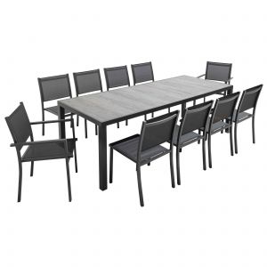 Table de jardin rectangulaire en céramique effet béton ciré 230 x 95 cm avec 8 chaises et 2 chaises avec accoudoirs