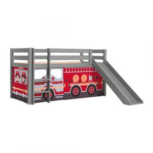 SLEEPY - Lit Mi-Haut Tobogan Laqué Gris 90x200cm Housse Pompiers - Altobuy