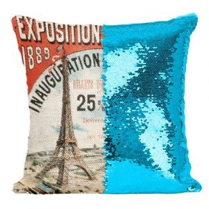 Fabulous Housse de Coussin à Sequin - Paillettes Turquoise Exposition Universelle 1889 Paris Tour Eiffel [40 x 40 cm]