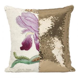 Fabulous Housse de Coussin &agrave; Sequin - Paillettes Dor&eacute; Iris Papillons Chenilles Illustration Botanique [40 x 40 cm]