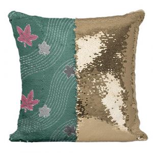 Fabulous Housse de Coussin &agrave; Sequin - Paillettes Dor&eacute; Feuille d'erable Motif Japonais Vert [40 x 40 cm]