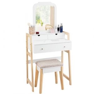 coiffeuse giantex table de maquillage à 2 niveaux avec 3 tiroirs 1 miroir ( hauteur réglable ) et 1 tabouret rembourré blanche