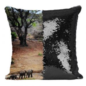 Fabulous Coussin avec Housse Sequin - Paillettes Noir Famille D'&Eacute;l&eacute;phant d'Afrique Traversent la Savane [40 x 40 cm]
