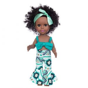 Poupée africaine noire Cheveux bouclés 35CM G -vert