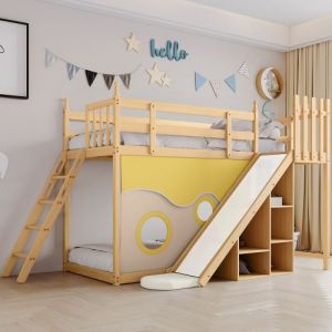 Lit superposé, lit en bois avec escalier et rideau, toboggan et étagère, lit enfant avec protection antichute, cadre en pin, naturel (90x200cm)