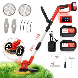 Debroussailleuse Electrique sans Fil Pliable OUTIGO, 2 * 4000mAh Batteries, Débroussailleuse à Gazon Portable, Roues latérales et Lame 3 en 1