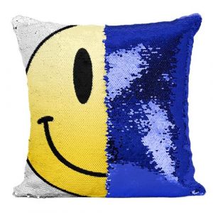 Fabulous Coussin avec Housse Sequin - Paillettes Bleu Smiley Sourire Smile Joyeux Happy [40 x 40 cm]