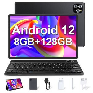Tablette Android 12, 8 Go RAM+128 Go ROM(TF 1TB), Tablette tactile 10,1 Pouces, 4G LTE+5G WiFi Dual Caméra 8MP + 13MP 7560mAh Batterie ordinateur tablette 2 en 1-Noir
