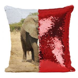 Fabulous Coussin avec Housse Sequin - Paillettes Rouge Elephant d'Afrique Savane [40 x 40 cm]