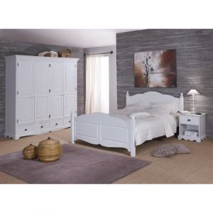 Chambre Compl&egrave;te Blanche Style Anglais Lit 140 cm Armoire et Chevet - L 149 x l 198 x H 100 cm