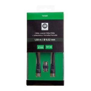 C&acirc;ble coaxial m&acirc;le/femelle 9,52mm + adaptateur m&acirc;le/m&acirc;le D2 Diffusion - Noir - 1,5 m