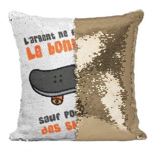 Fabulous Coussin avec Housse Sequin - Paillettes Dor&eacute; Skateboard - L'argent ne Fait Pas le Bonheur [40 x 40 cm]
