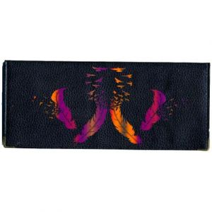 Porte chéquier portefeuille porte carte en cuir noir plume orange violet