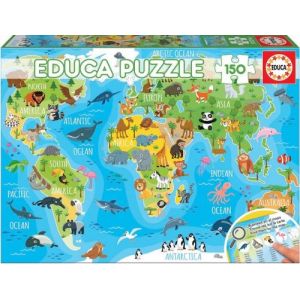 Puzzle enfant - carte du monde des animaux - 150 pieces - collection mappemonde - geographique - jeu educatifs - nouveaute