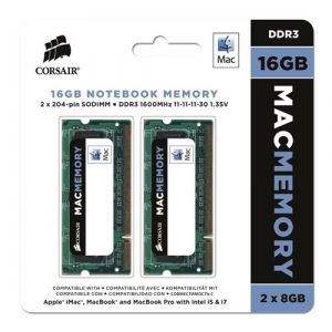 Corsair CMSA16GX3M2A1600C11 Apple Mac 16GB (2x8GB) DDR3 1600Mhz CL11 Mémoire pour ordinateur portable SODIMM pour produits Apple.