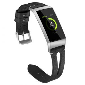 Bracelet en cuir avec cadre en m&eacute;tal pour Fitbit Charge3 / Charge4 - Noir (Taille L)