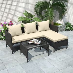 Salon de jardin BIGZZIA, meubles de jardin en r&eacute;sine tress&eacute;e, ensemble de 3 avec 1 fauteuil,1 stool,1 table en verre et coussins, Noir