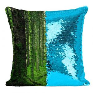 Fabulous Housse de Coussin &agrave; Sequin - Paillettes Turquoise Personne Dans une Foret de Pin Couverte de Mousse [40 x 40 cm]